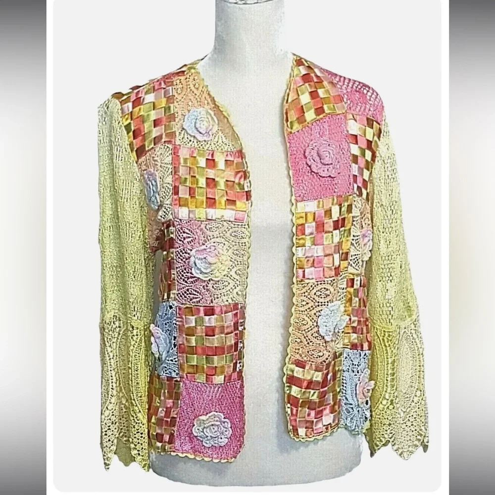 Parsley And Sage Women's Sweater Crochet Ribbon Open Front pink yellow green - Picture 5 of 9